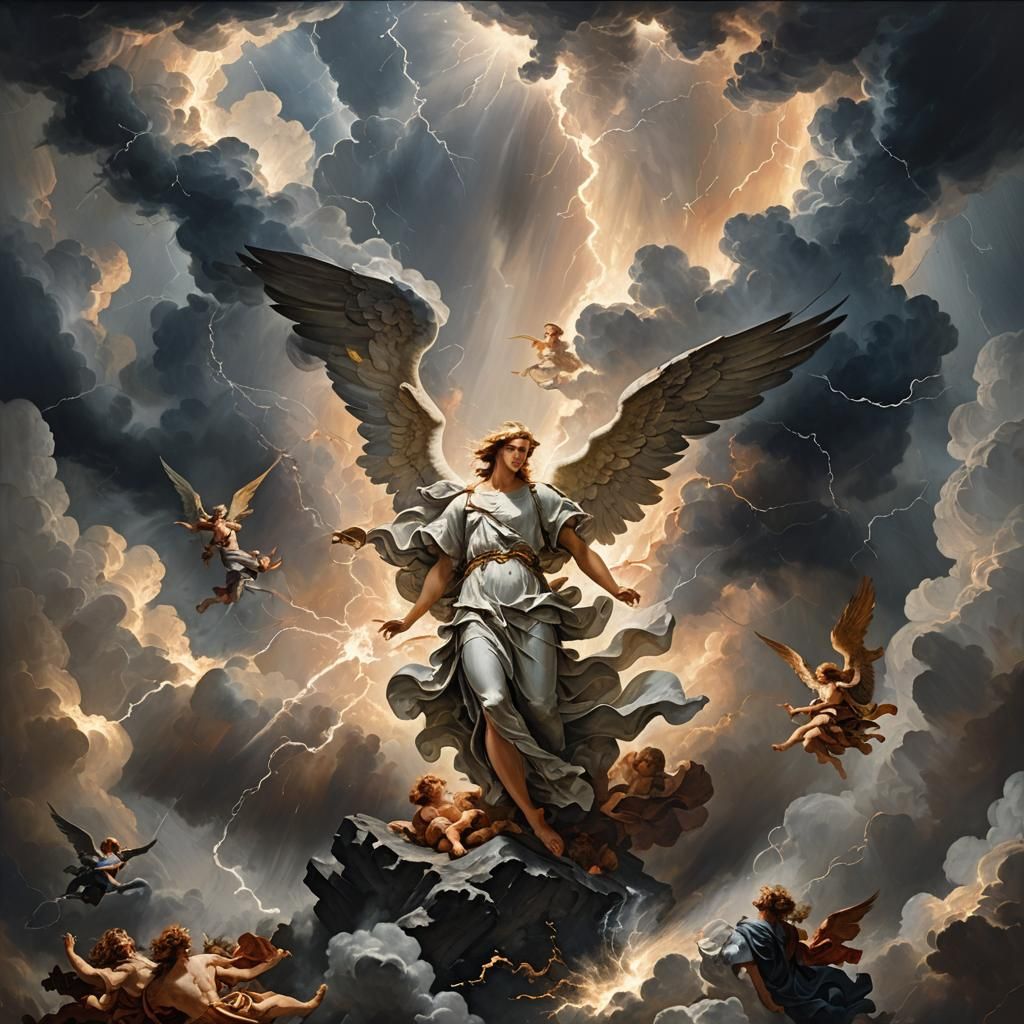 Heavenly Angel's Battle: A Neo-Classical Oil Painting
