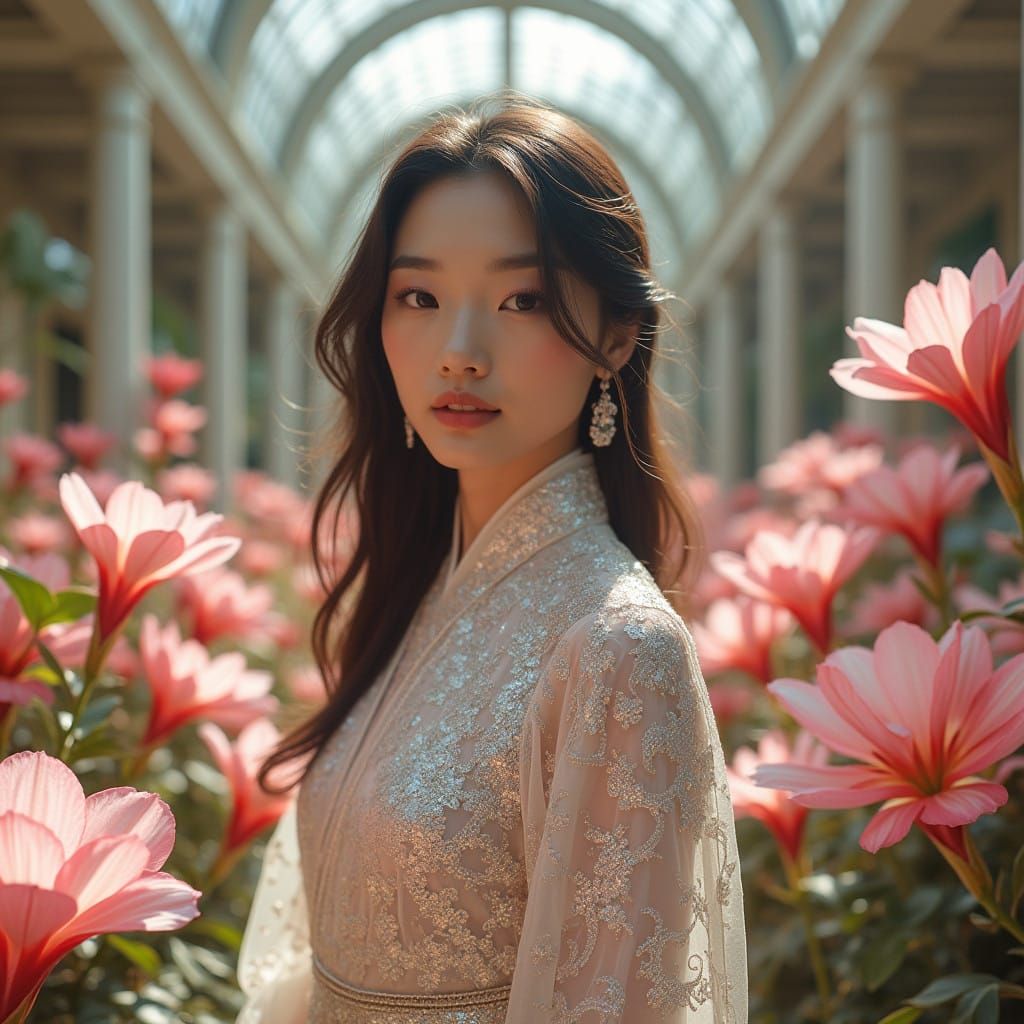 Korean Model Glows in Iridescent Hanbok amidst Tropical Palm...