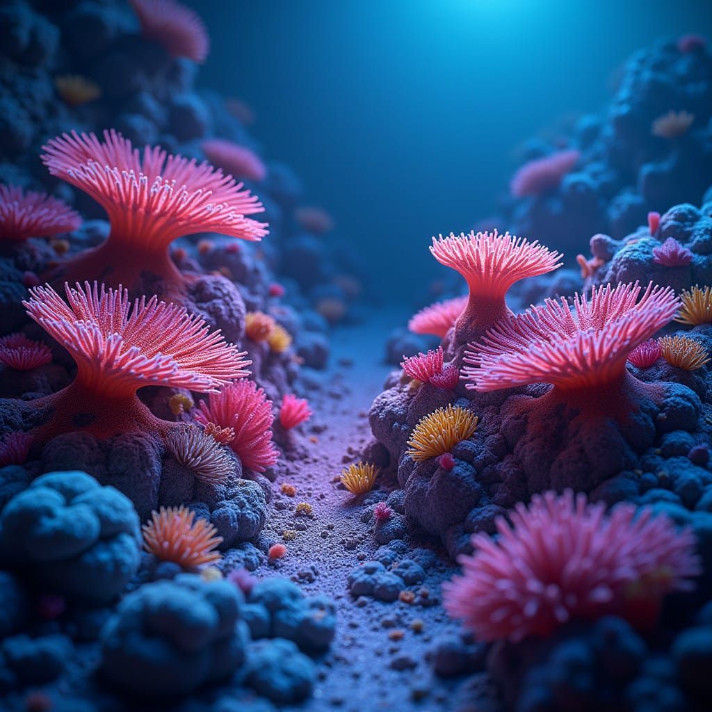 Vibrant Coral Reef Diorama in Neon-Lit, Photorealistic Style