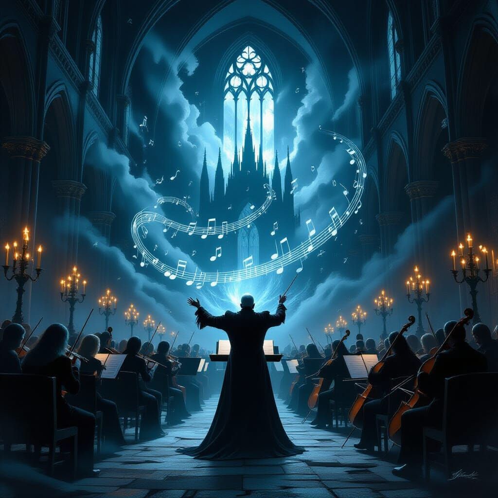 Skeletal Conductor Leads Stormy Symphony in Gothic Cathedral
