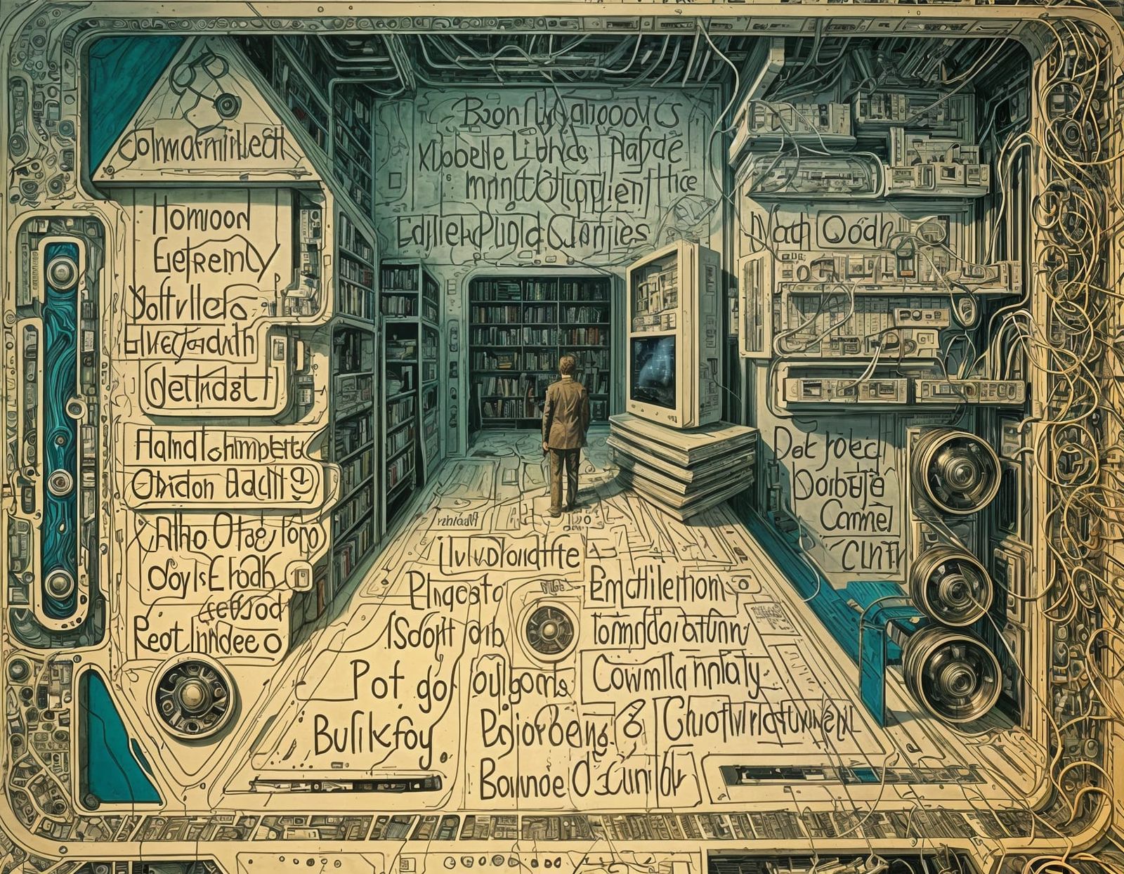 Empowering Notes Surround a Man in a Cyberpunk Study