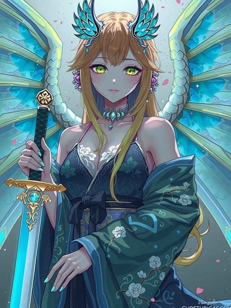 Anime Goddess with Dragon Wings and Glittering Kimono