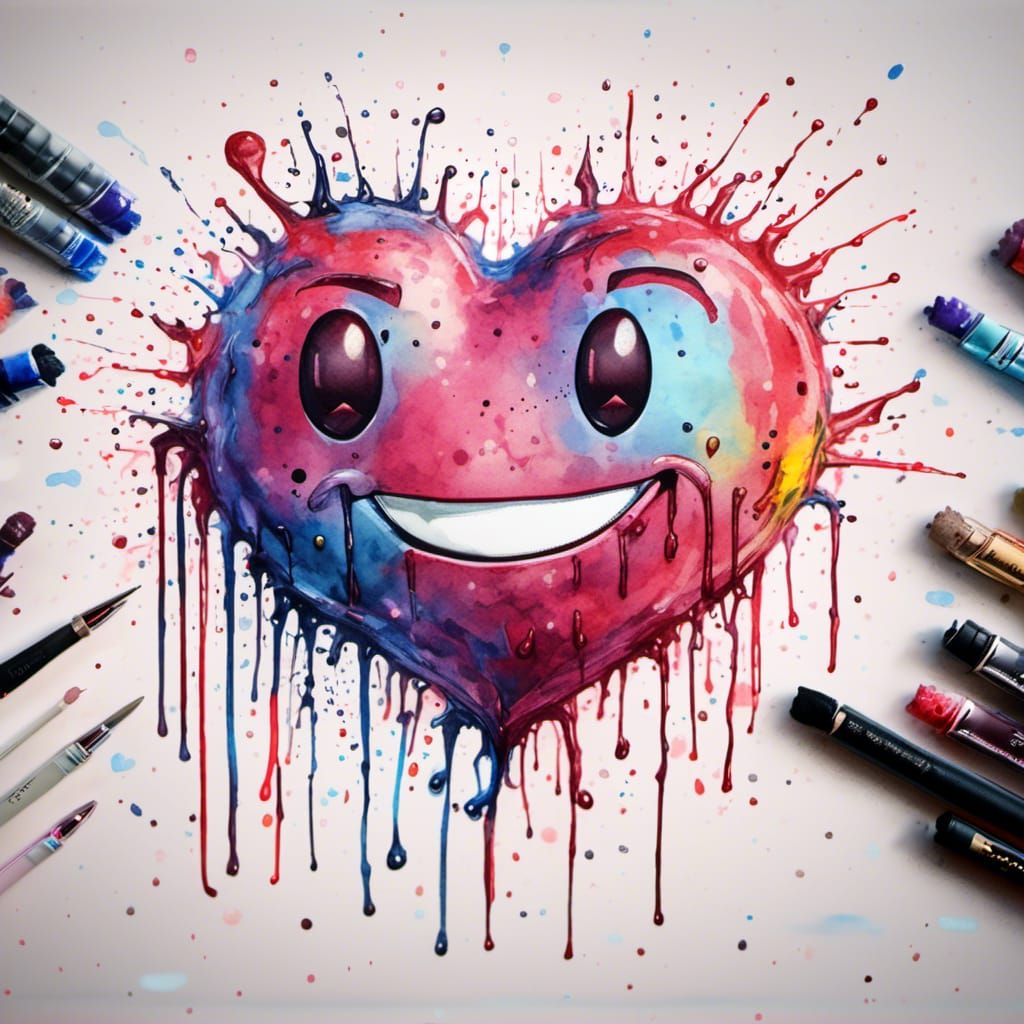 Chibi Smiley Heart in Watercolour Splash Art Style