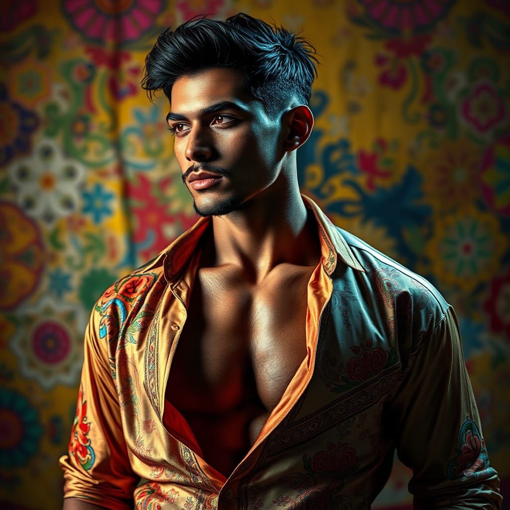 Hyperrealistic Indian Man in Silk Shirt and LGBT Attire