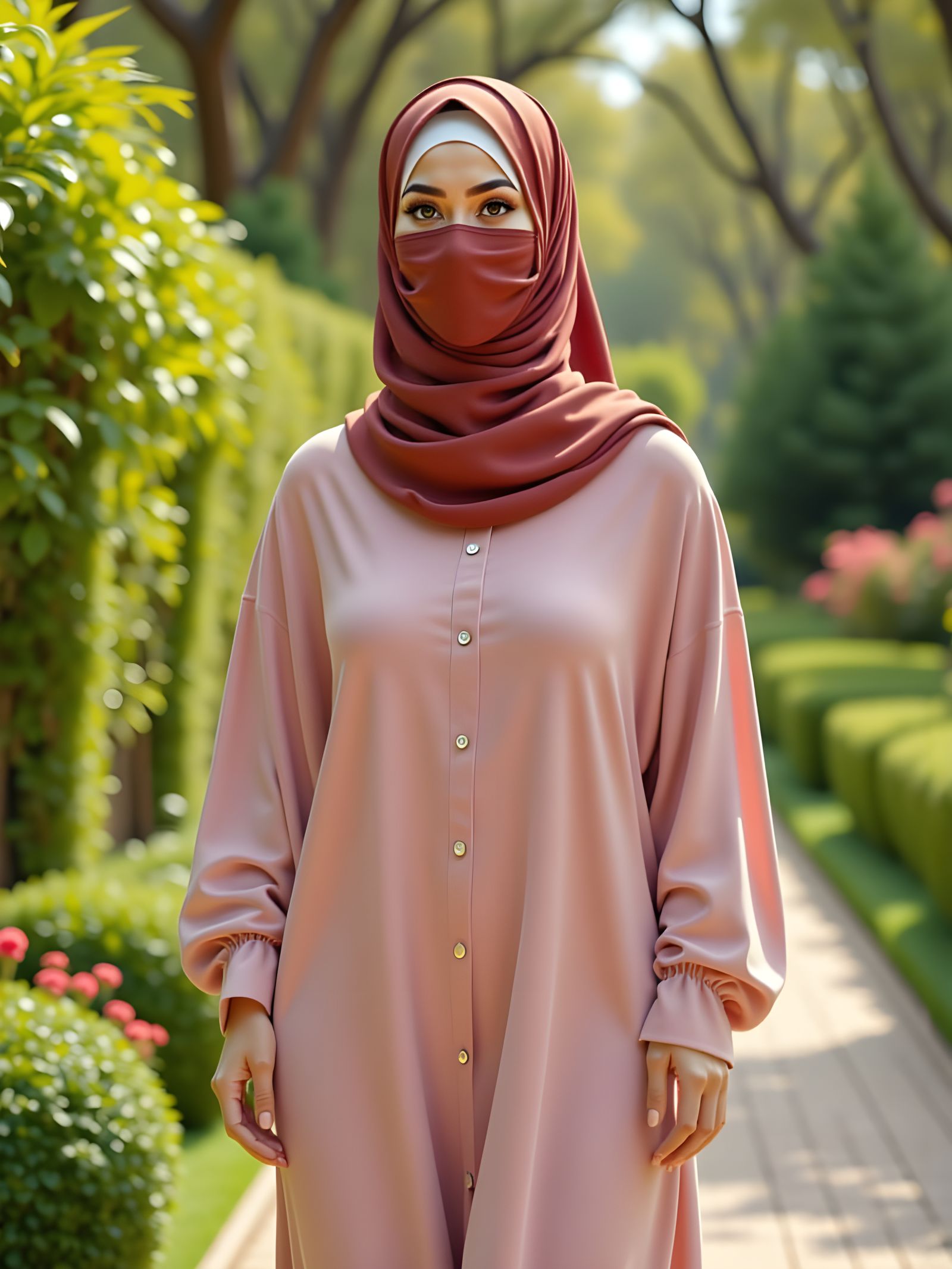 Beautiful Woman in Hijab Walking in Botanic Garden