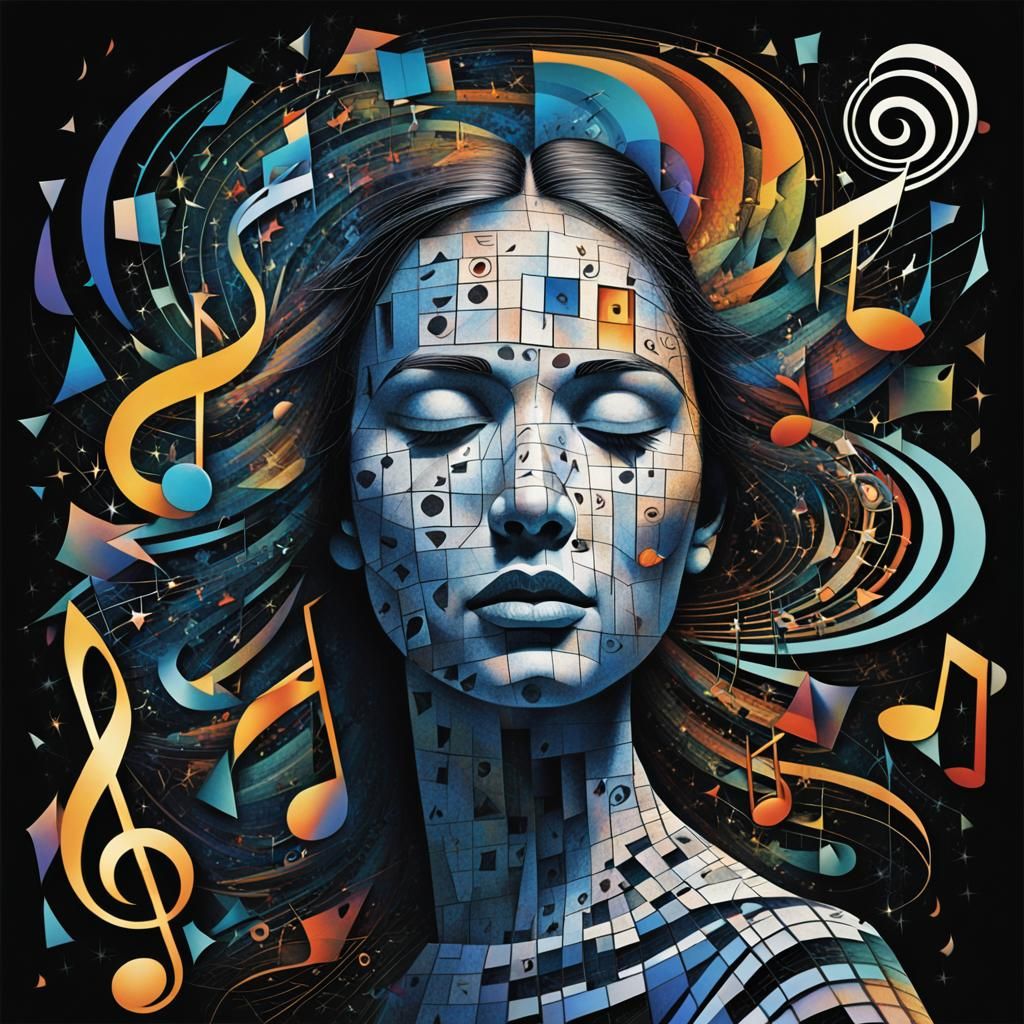 Ethereal Woman Composed of Music Notes in Cubist Style
