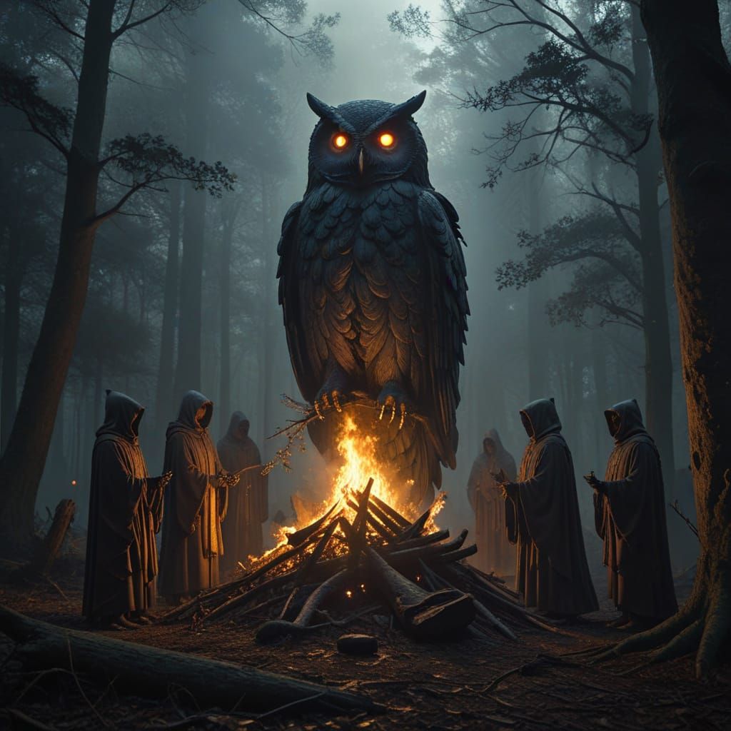 Eerie Forest Ritual: Mothman-Inspired Dark Fantasy