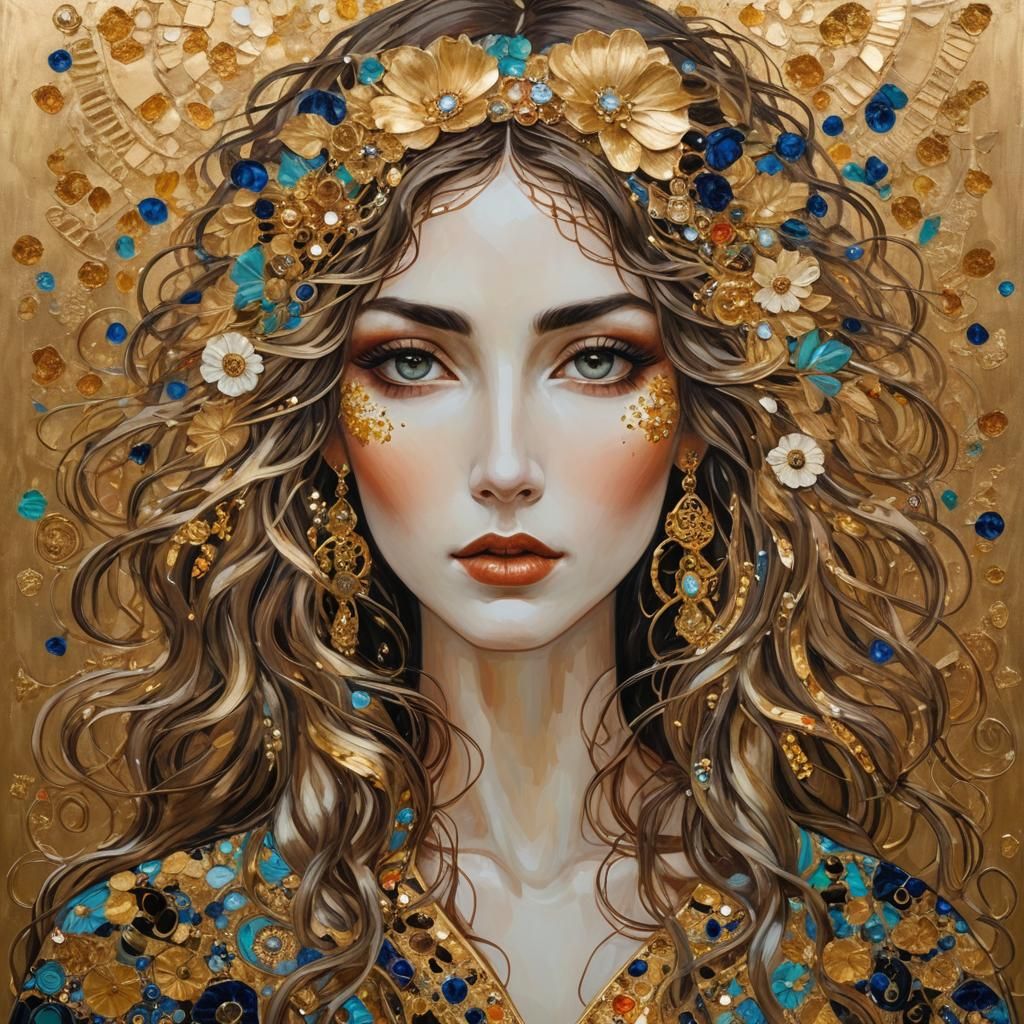 Portrait of a Woman reminiscent of Gustav Klimt: Style: Palette knife painting, with intricate patterns and shimmering g...
