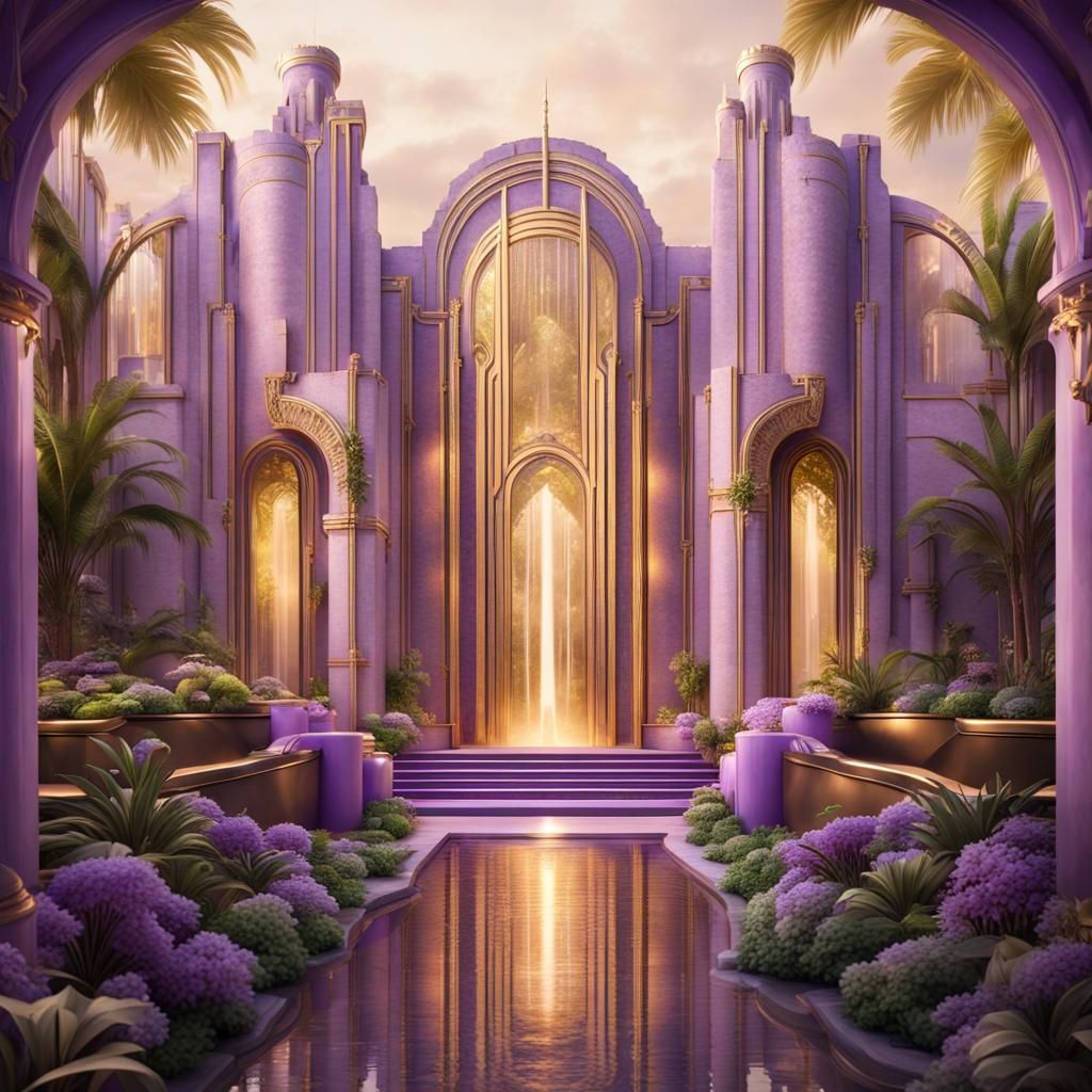 Golden Art Deco Castle with Waterfalls