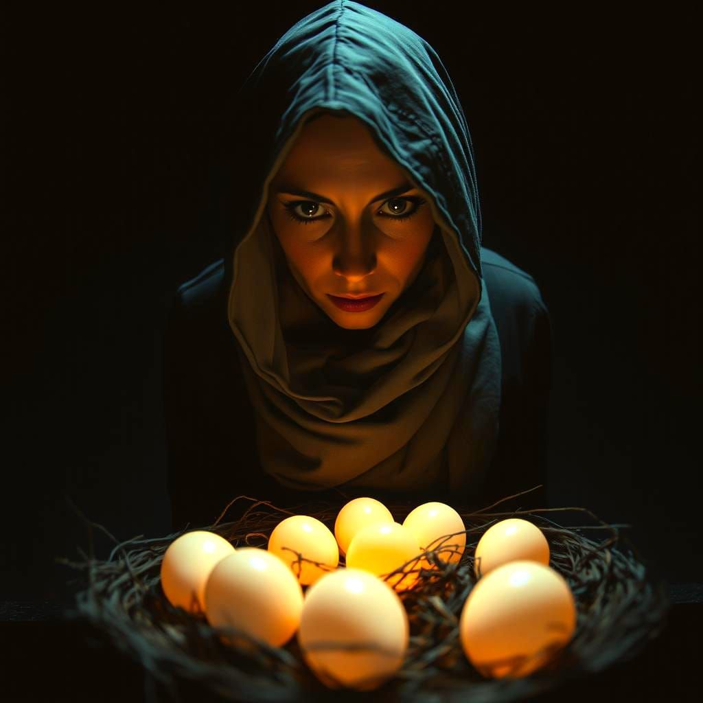 Surreal Woman Guards Eggs: Cinematic Film Still