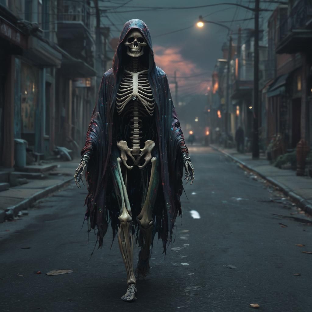 Woman Walks Between Light and Darkness in Holographic Illust...