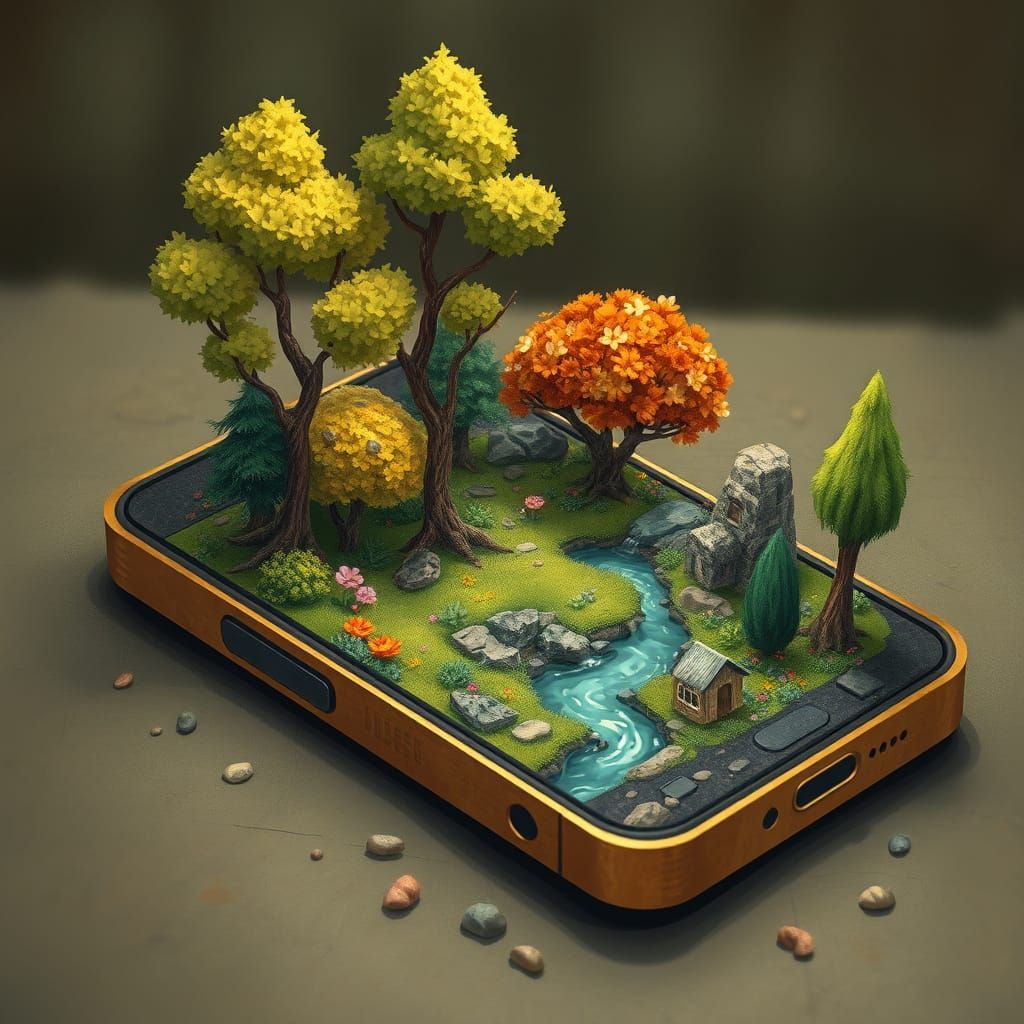 Lush Miniature Garden in Broken Smartphone, Painterly Style