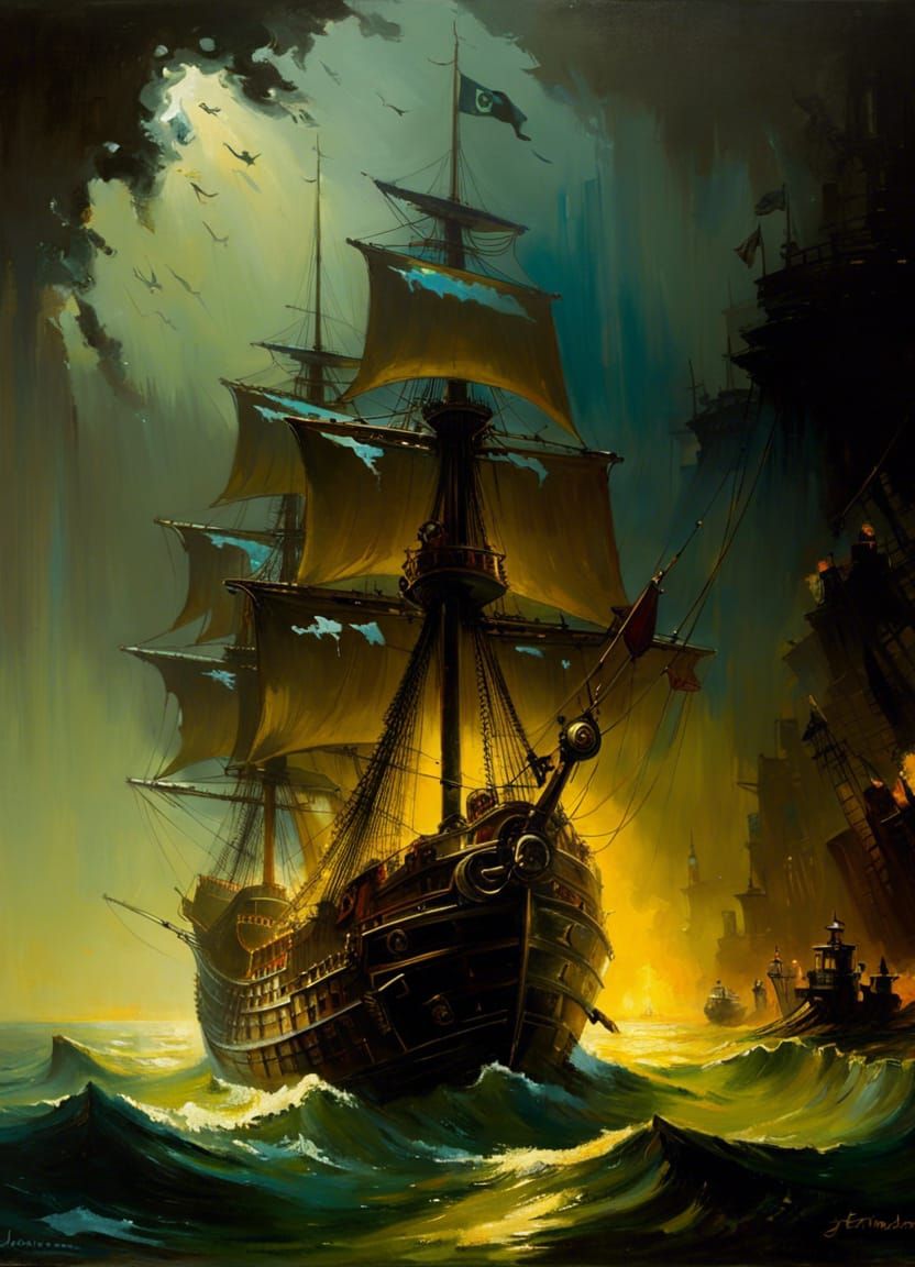 Pirate Ship in Baroque Oil Painting Style