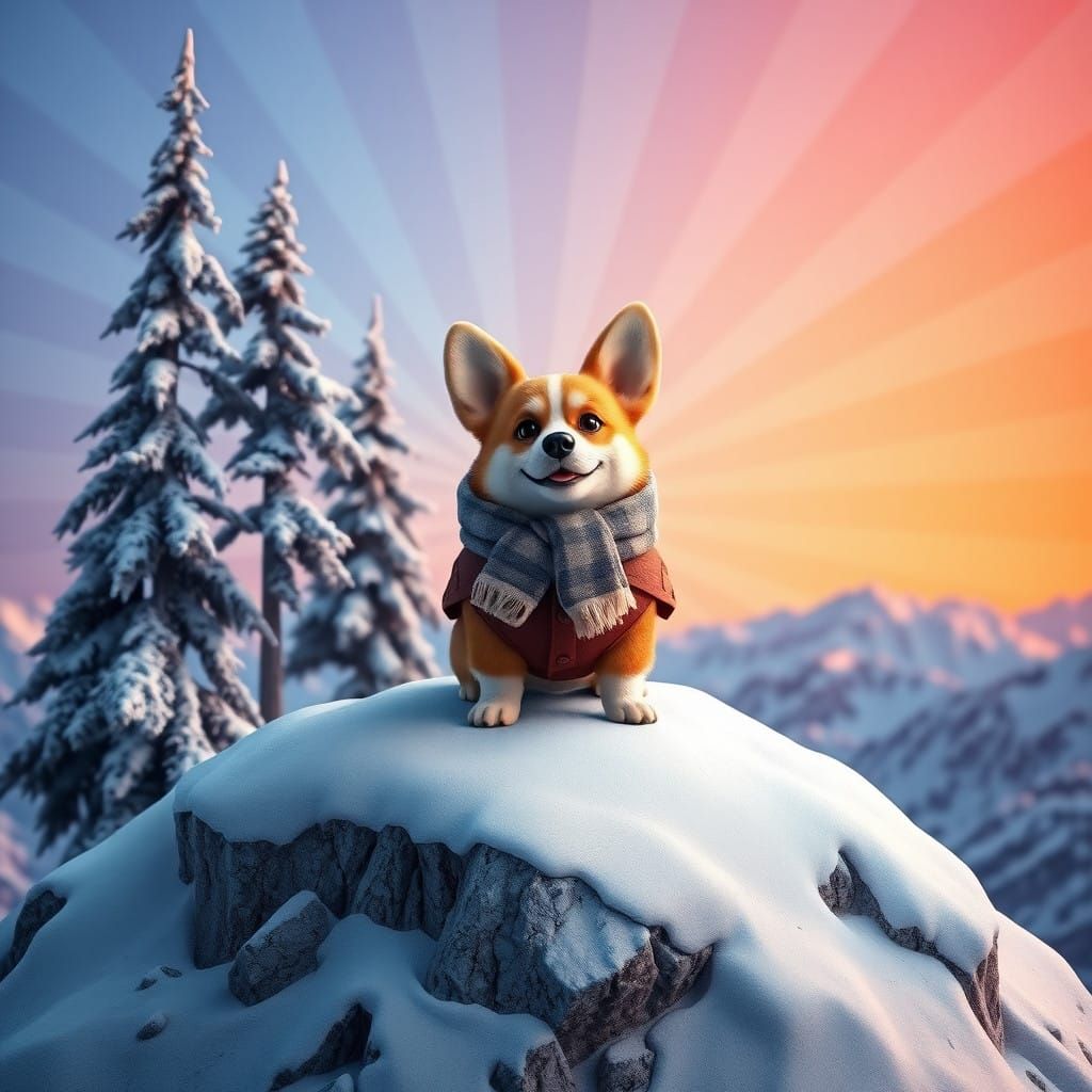 Corgi Dominates Snowy Mountain Peak in Vibrant Cinematic Sty...