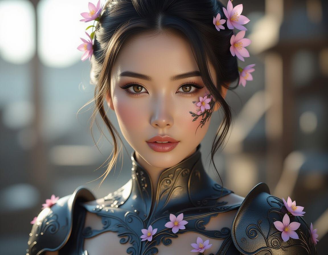 Asian Blacksmith Woman with Hammered Blossoms - Photorealist...