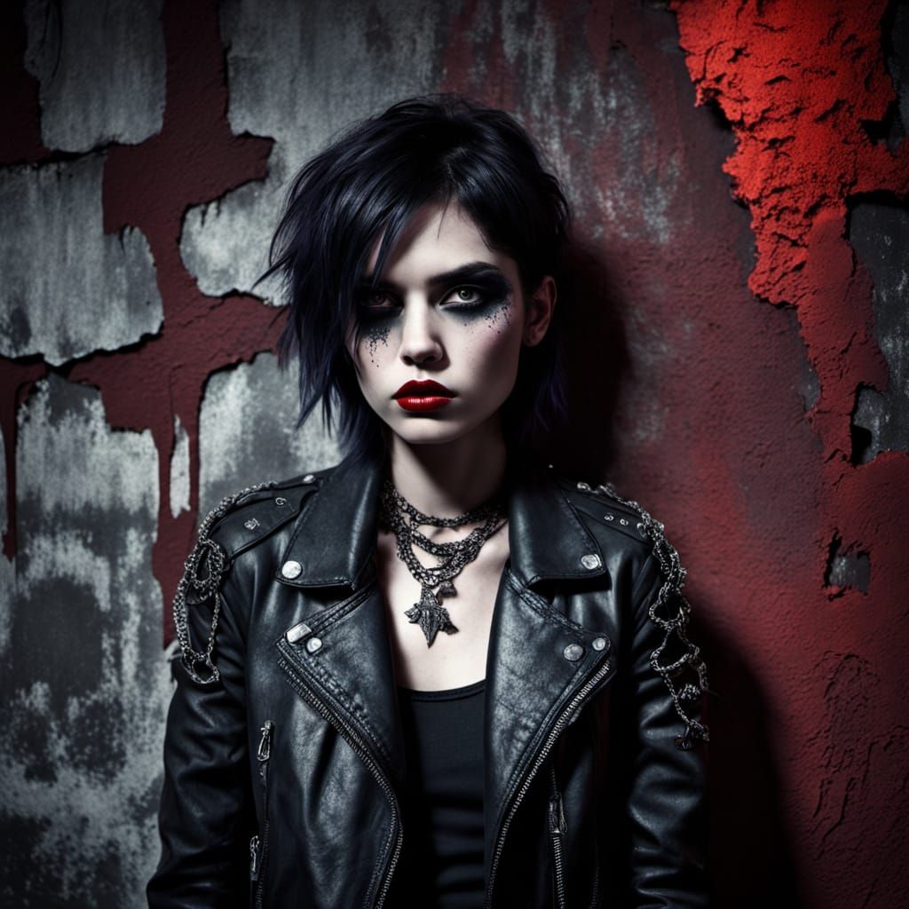 Dark Gothic Woman in Charbonneux Makeup, Leather Jacket, and...