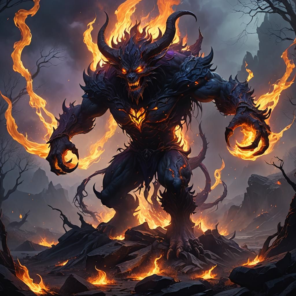 Demonic Entity Unleashes Fire in Hellish Landscape