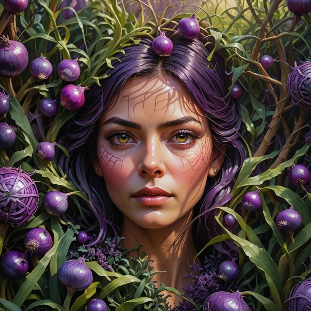 Woman's Face Surrounded by Onion Maze: Hyperrealistic Art