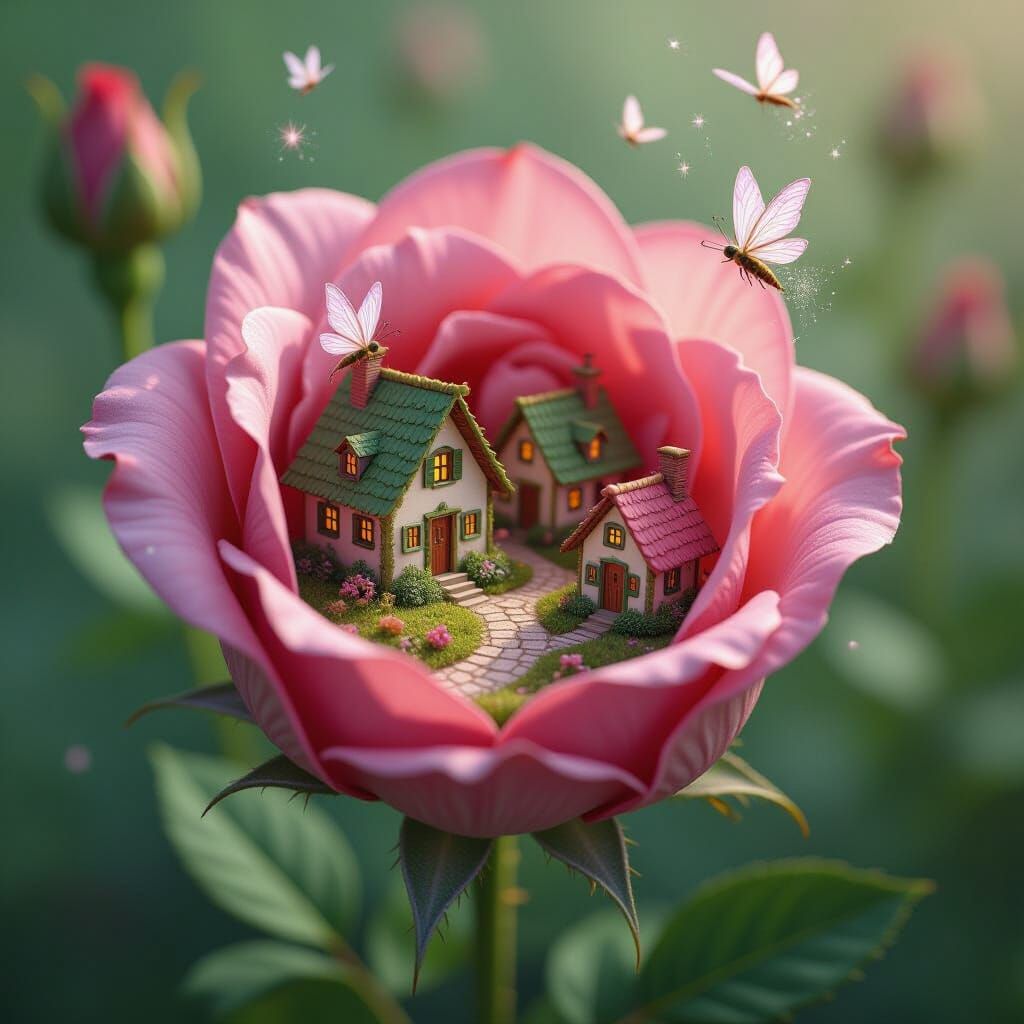 Whimsical Fairy Village Inside Giant Rose Bud