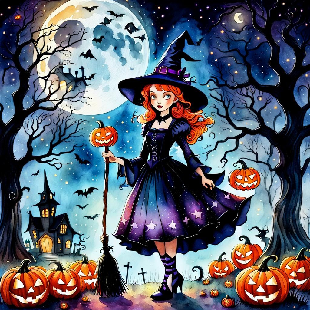 Enchanting Good Witch in Whimsical Watercolor Style