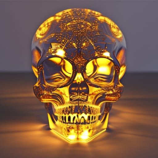 Radiant Glass Skull with Flickering Light in 3D