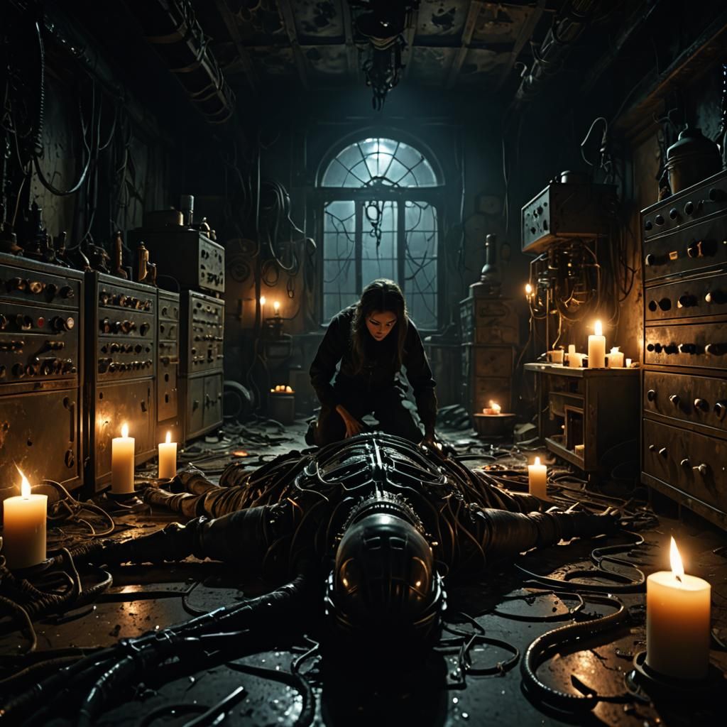 Eerie Crawling Figure in Abandoned Horror Scene