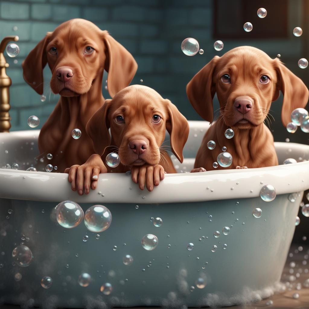 Vizsla Puppies' Bubble Bath: Detailed Digital Painting
