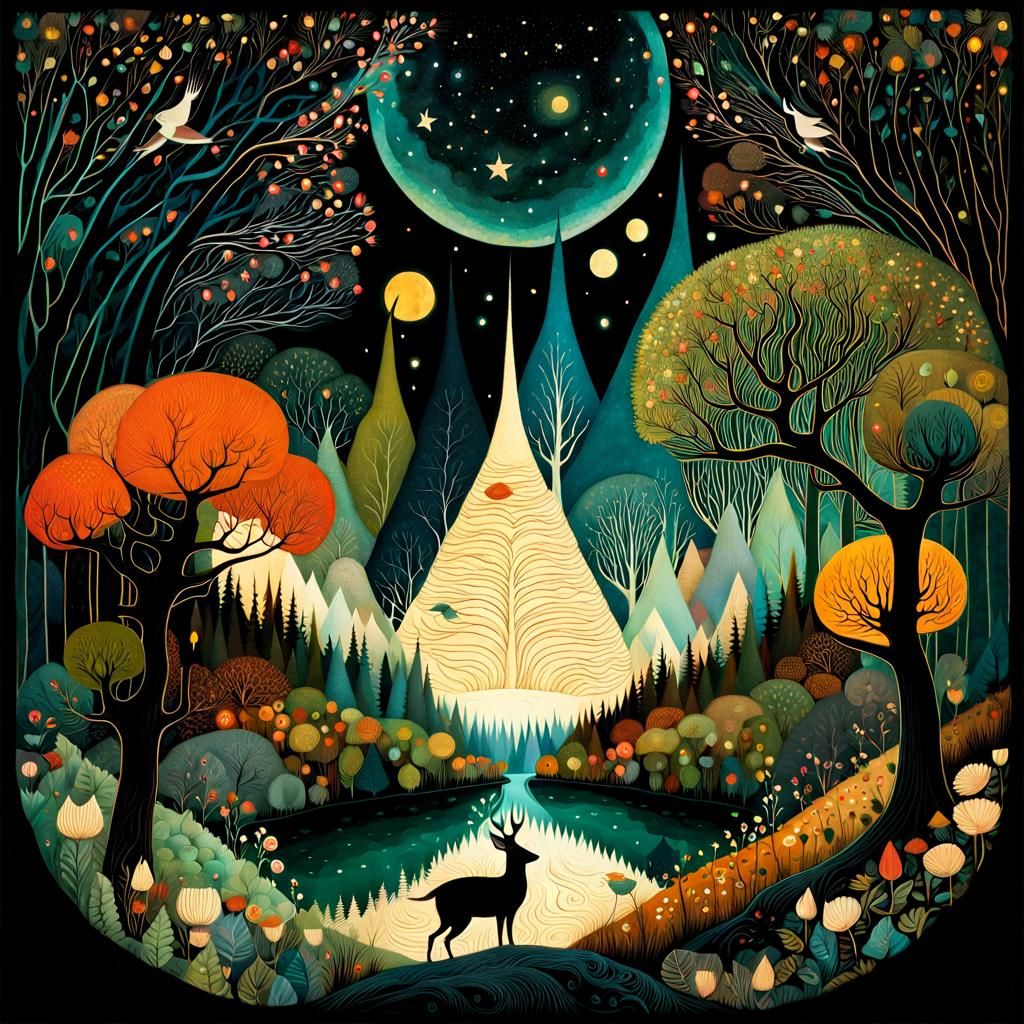 Whimsical Night Forest in Detailed Collage Style