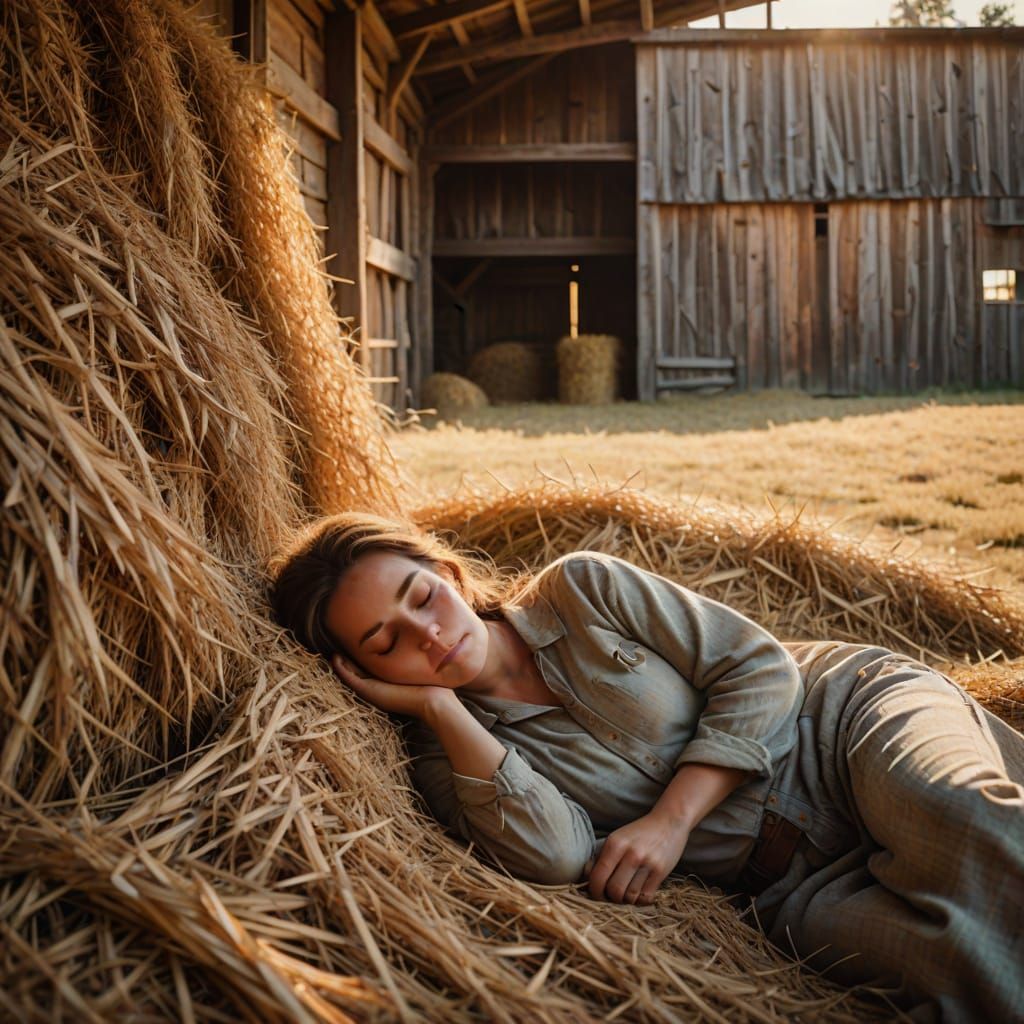 Woman Asleep in Barn: Rural Impressionism in Golden Light