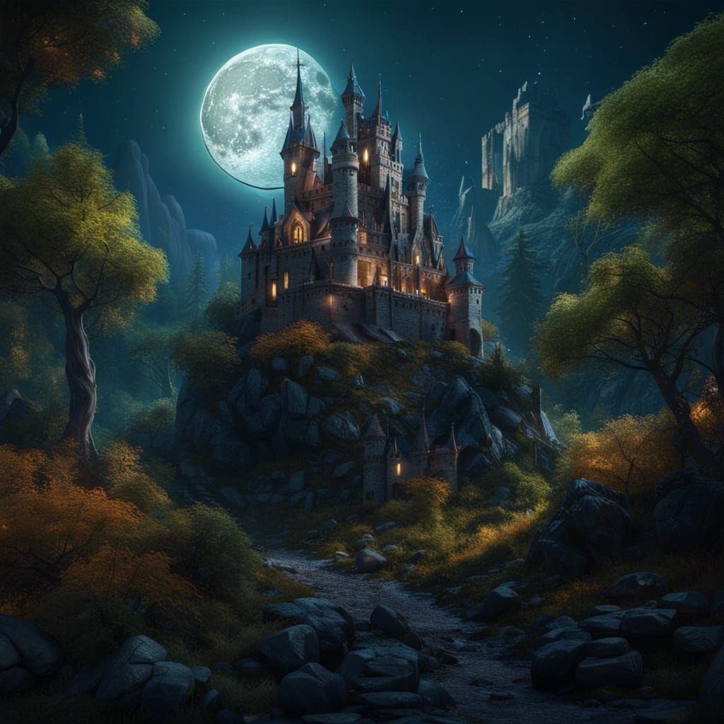 Fantasy Castle Under Full Moon in Forest