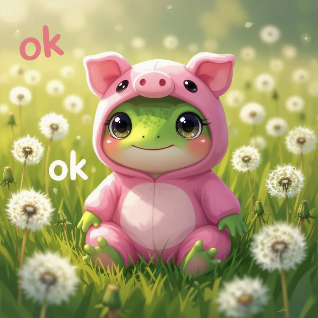 Kawaii Frog in Pig Costume Among Dandelions