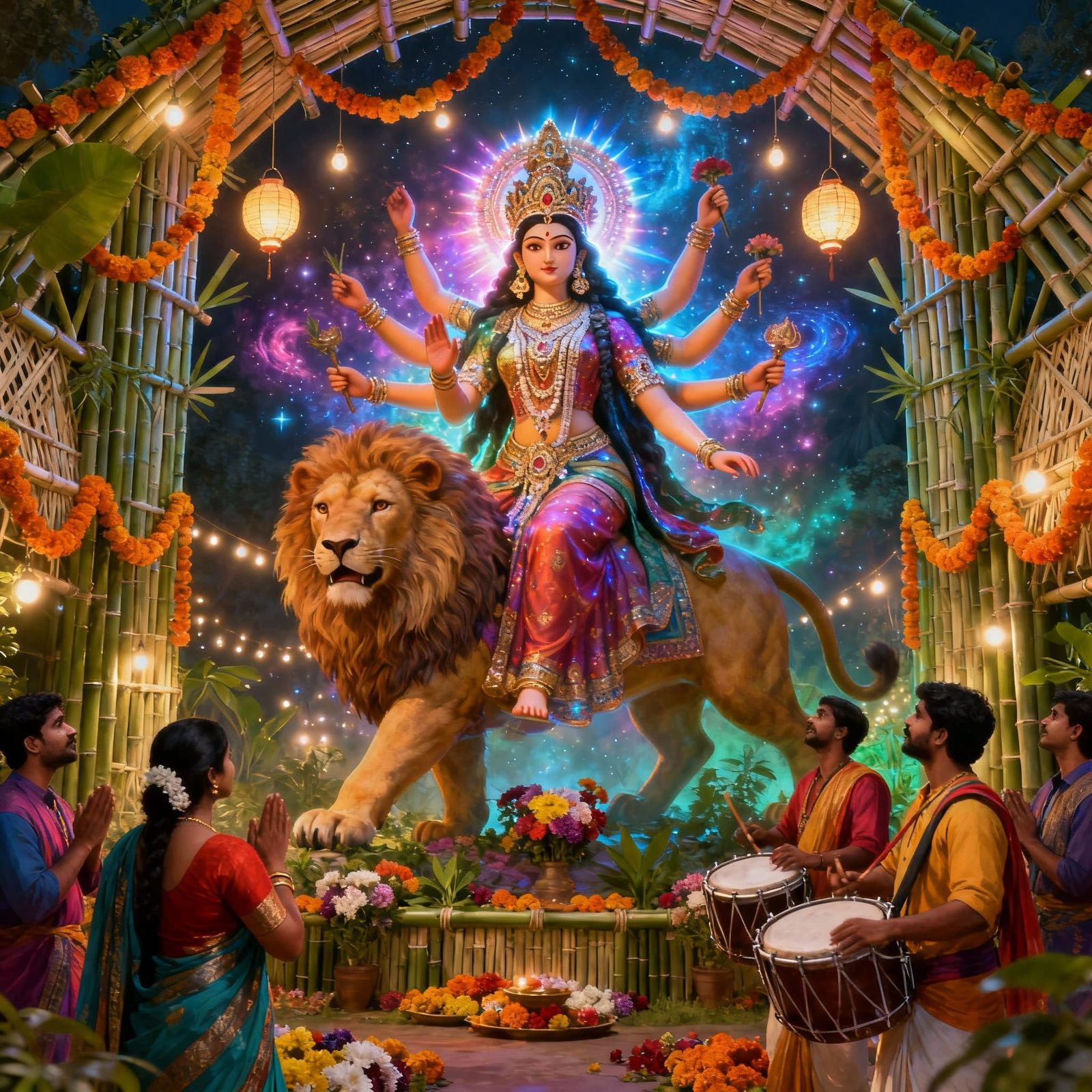 Goddess Durga Idol in Cosmic Energy, Vibrant Festival Scene