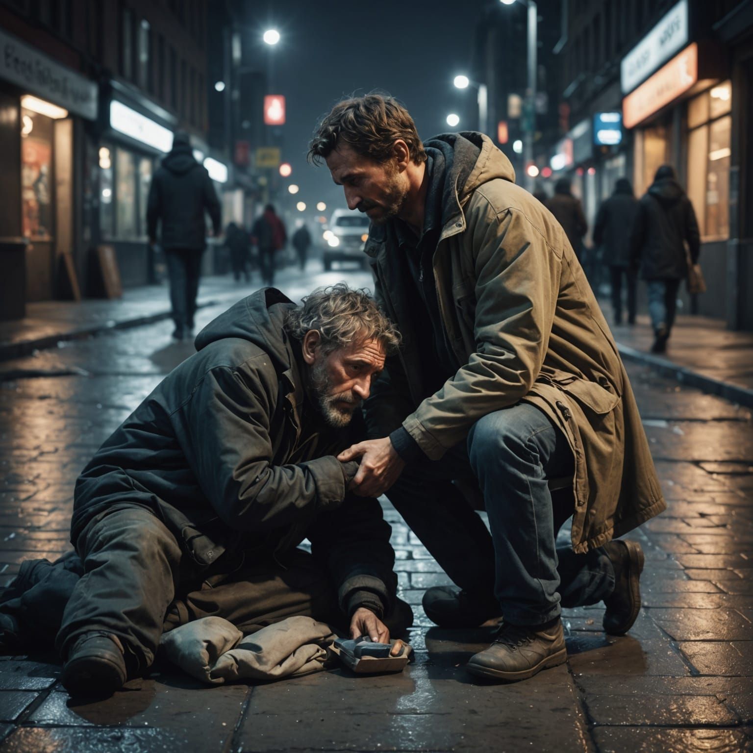 Good Samaritan in Dystopian City: Photorealistic Image