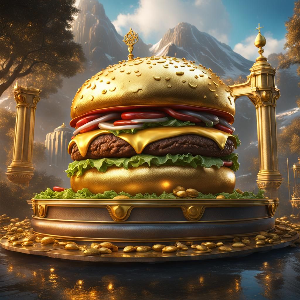 Giant Gold Hamburger Statue: Detailed Matte Painting