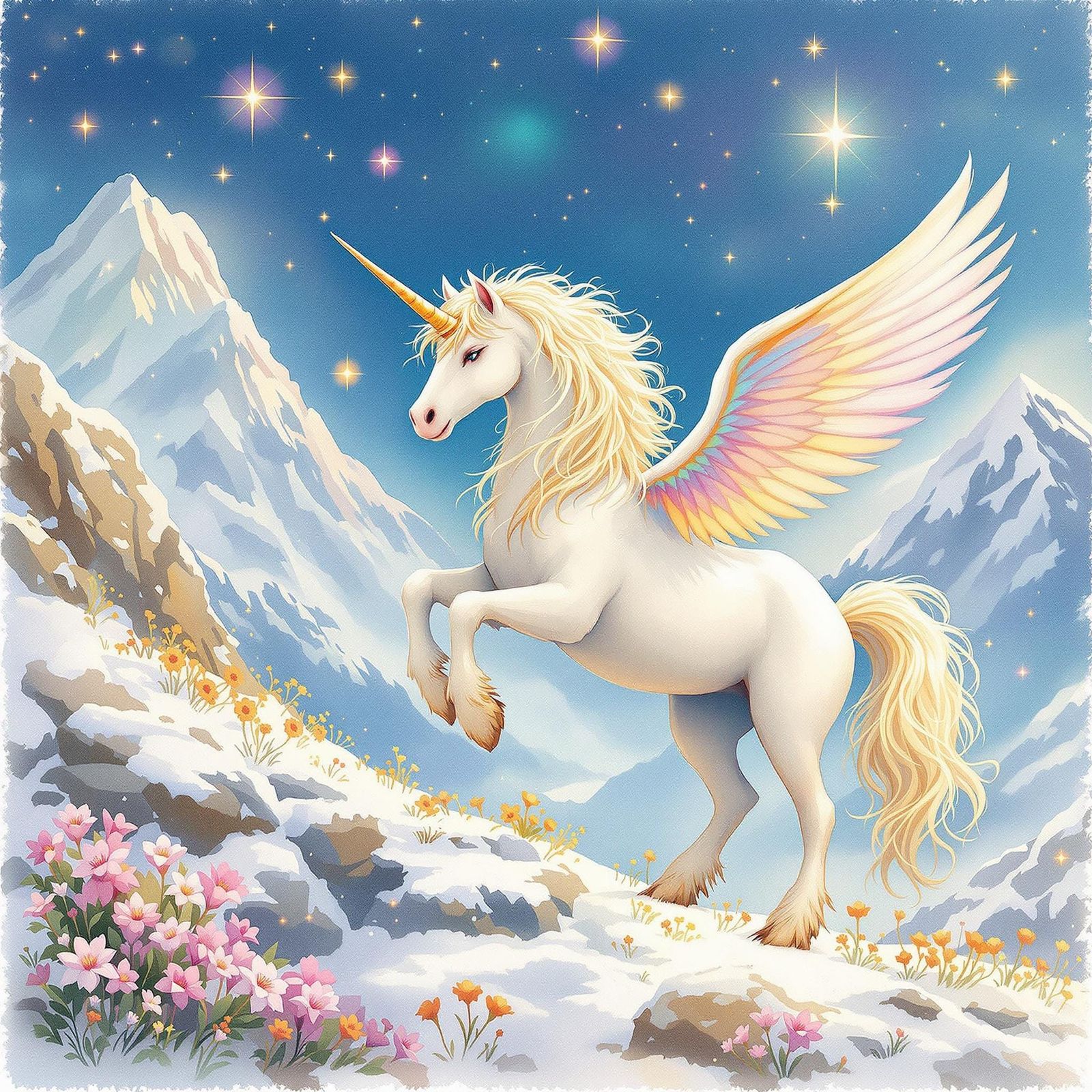 Unicorn Alights on Snowy Mountain in Watercolour Style