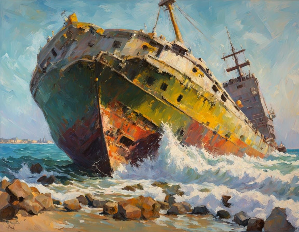 Impressionist Oil Painting of Cement Ship Washed Ashore