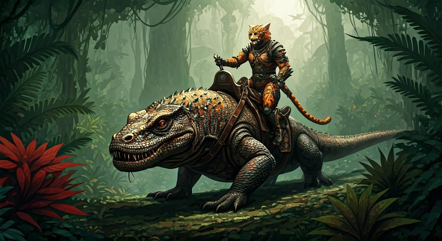 Alien Cat Rides Dragon on Jungle Planet