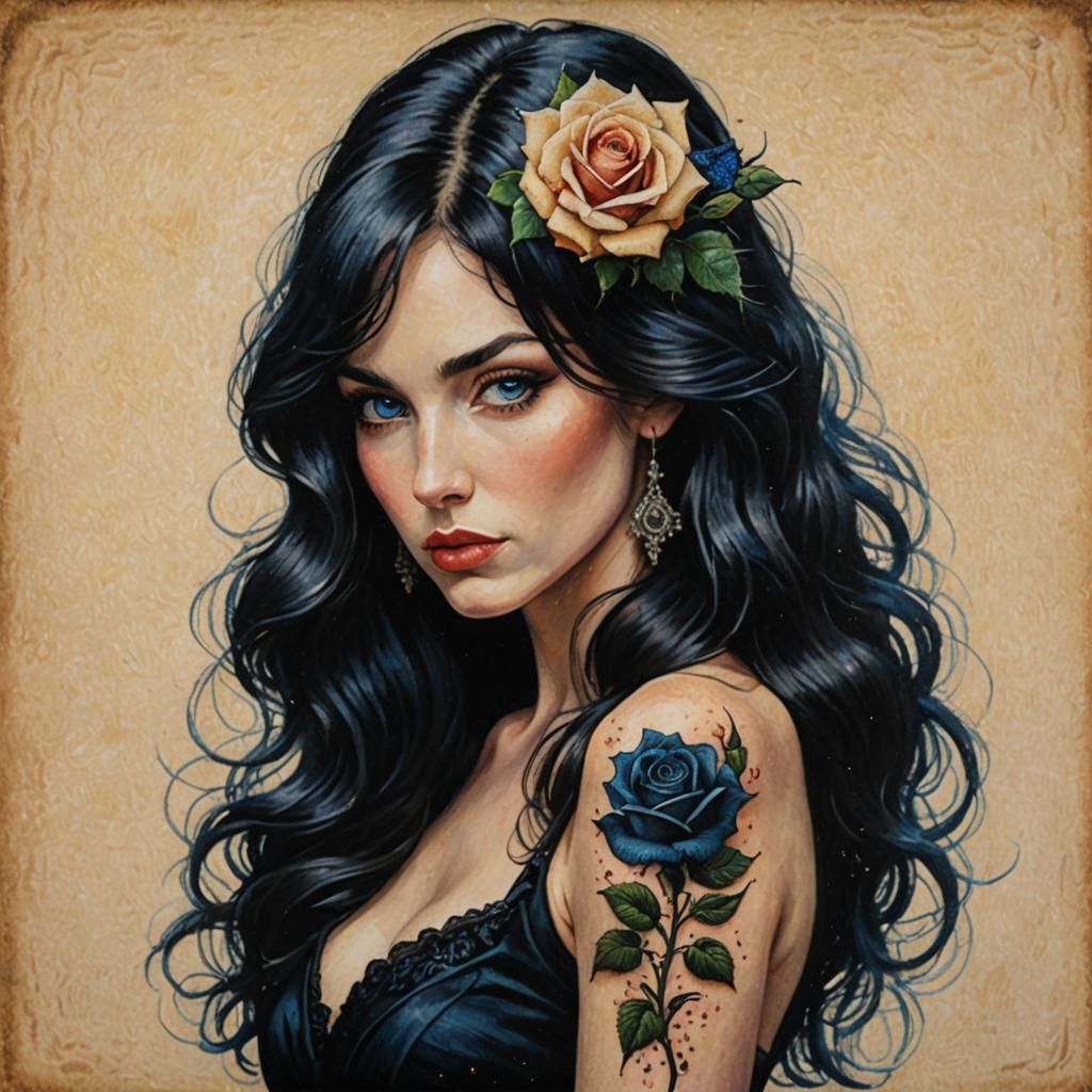 Pointillist Portrait of Woman with Rose Tattoo