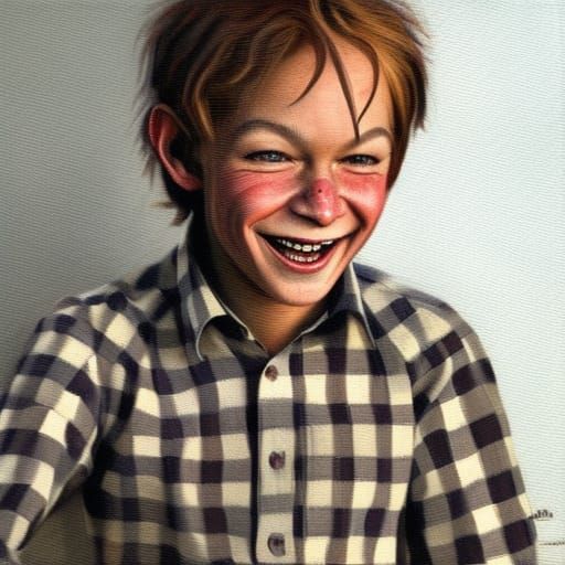Smiling Goblin in Checkered Shirt, Oil Painting