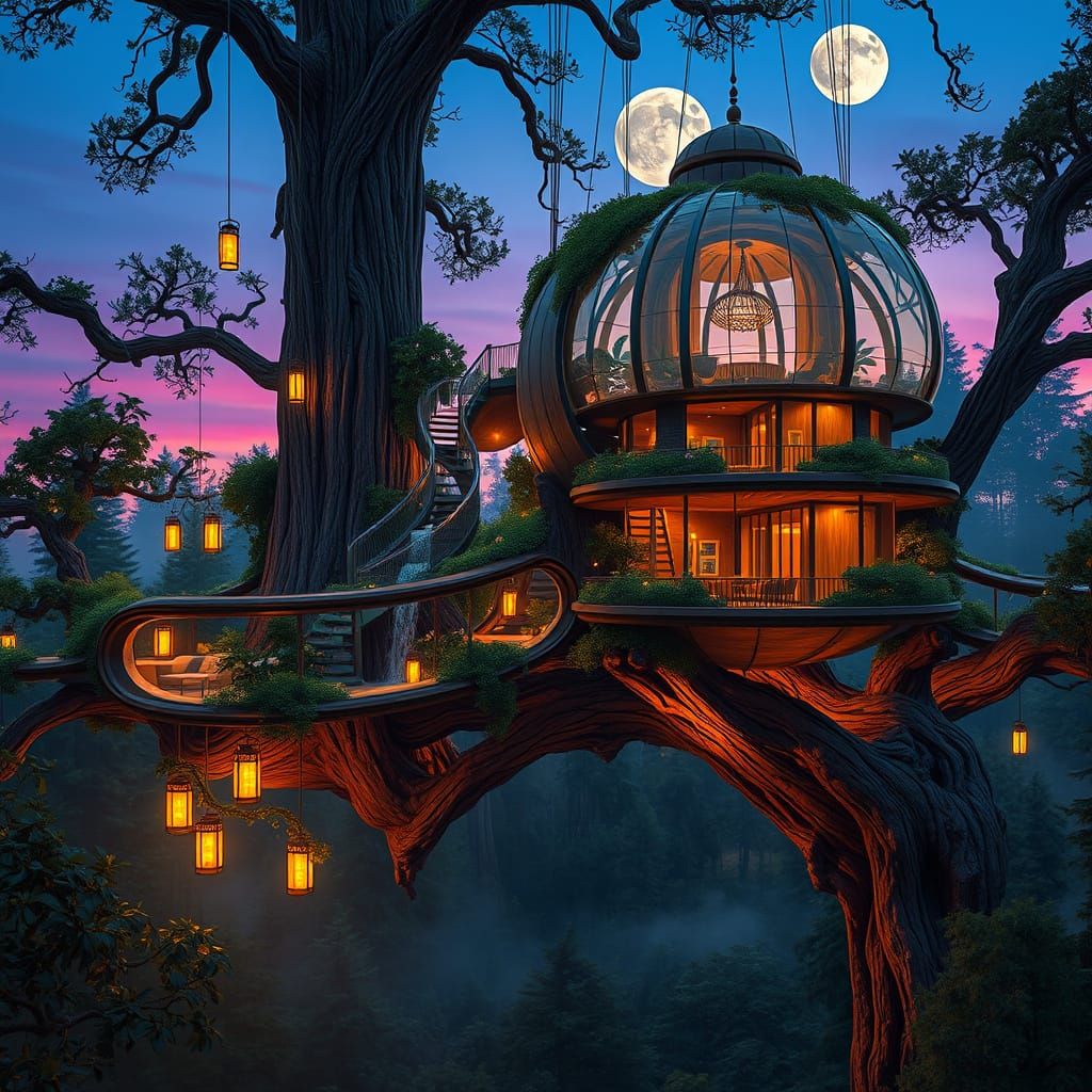Futuristic Treehouse Amidst Ancient Sequoia at Dusk