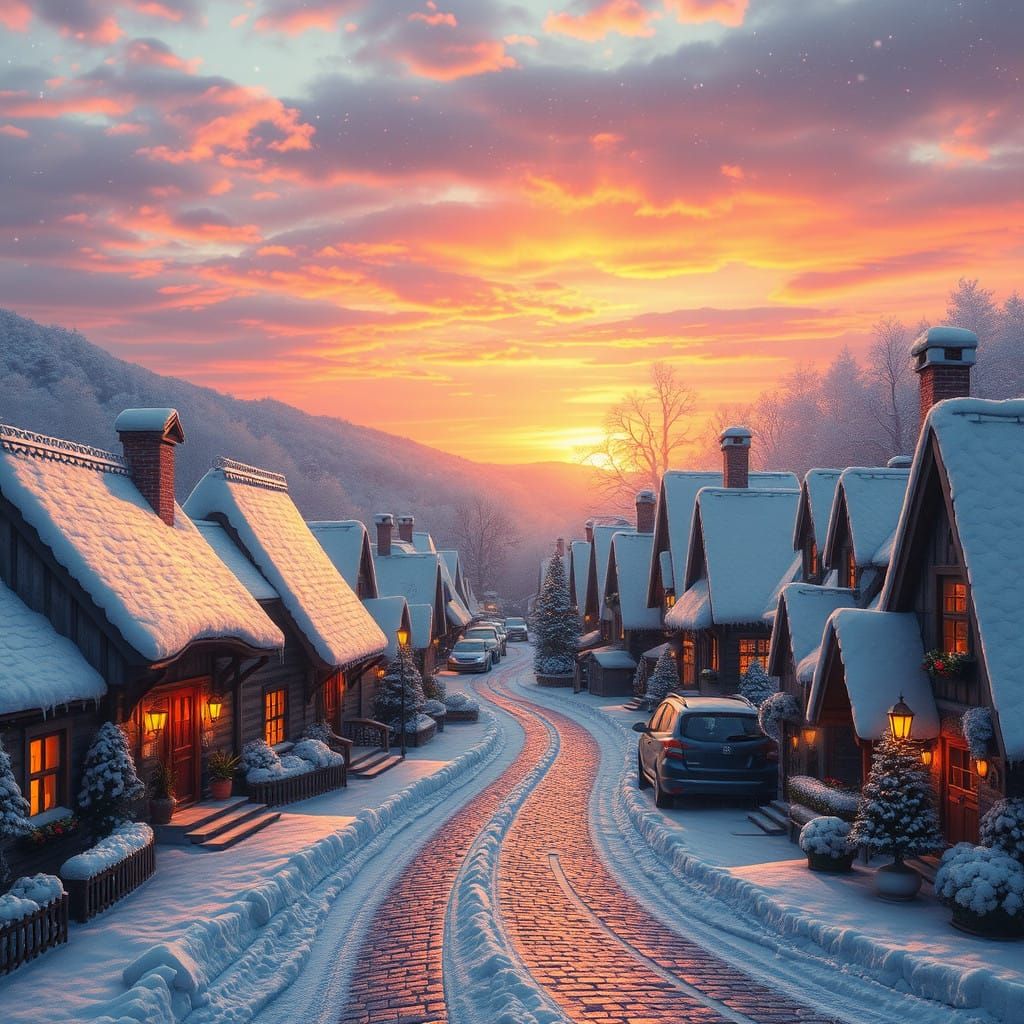 Winter Sunset Village in a Cyberpunk Aesthetic