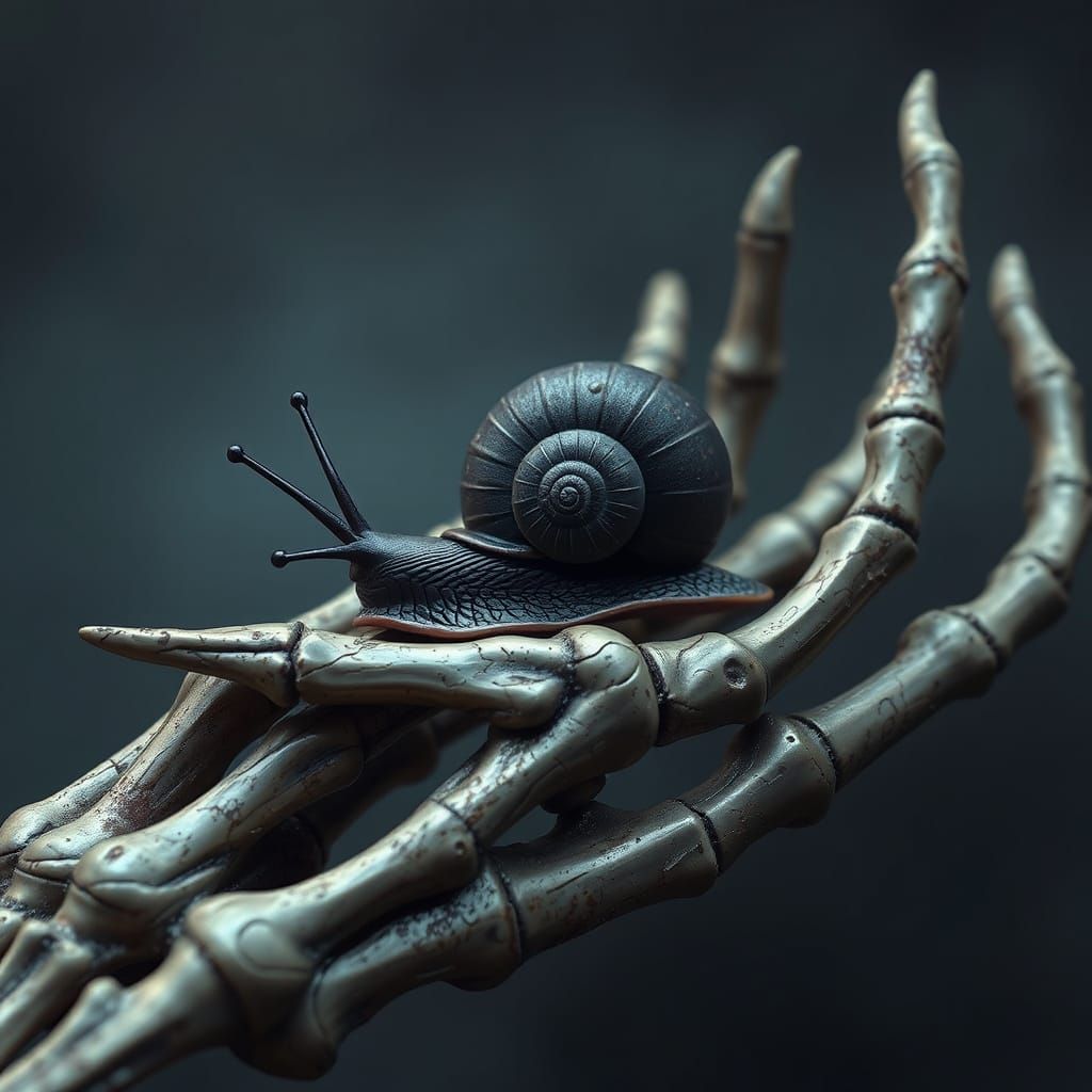 Dark Snail in a Skeletal Hand