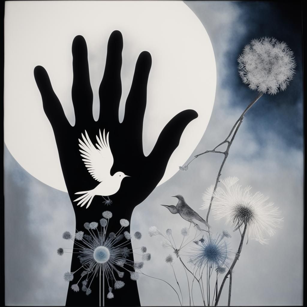 Floral Sun and Moon Birds in Surreal Dreamscape