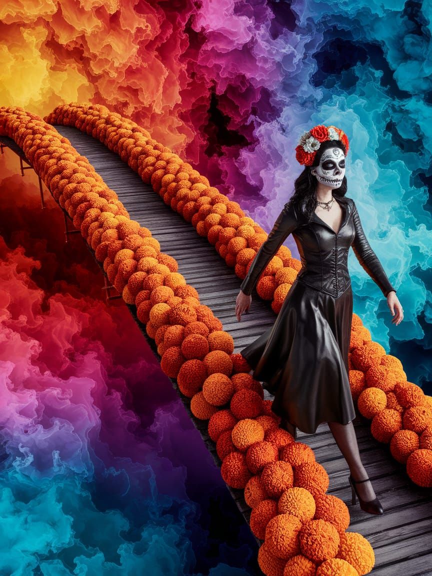 A marigold-manic bridge spans a river of alcohol inks, connecting the living and dead with all the subtlety of a Hallowe...