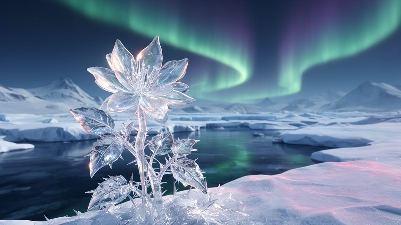 Ice Flower Blooms in Antarctic Aurora Landscape