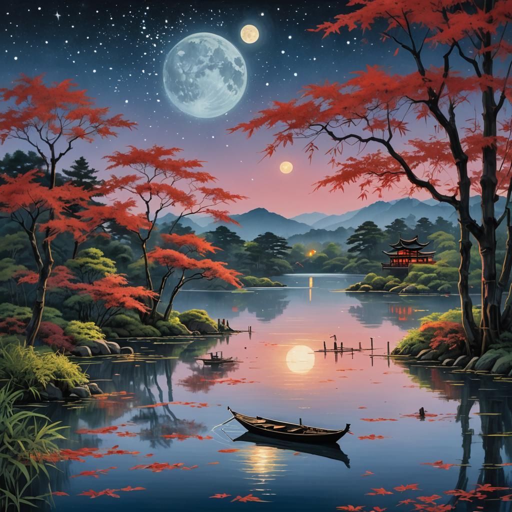 Asian Lakescape Under Starry Night, Digital Watercolour