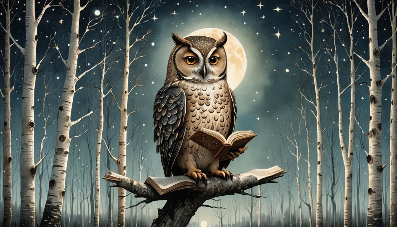 Owl Reads Under Starry Sky: Watercolor Art