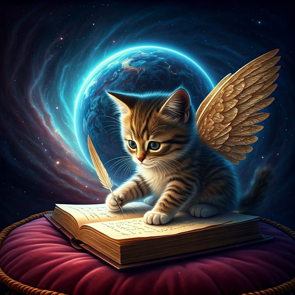 Golden Winged Kitten Writes Cosmos