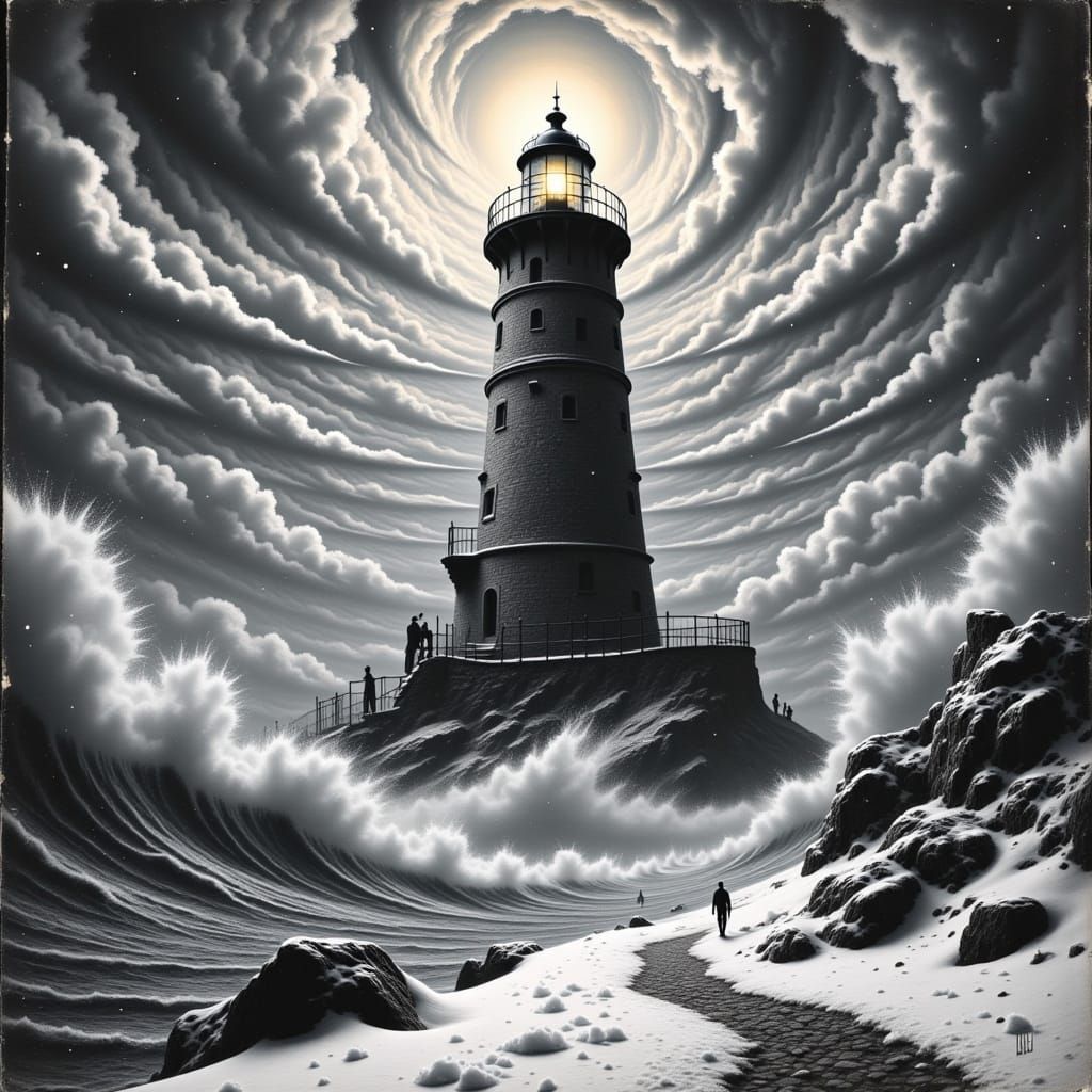 Lighthouse Battling Winter Storm in Charcoal Style