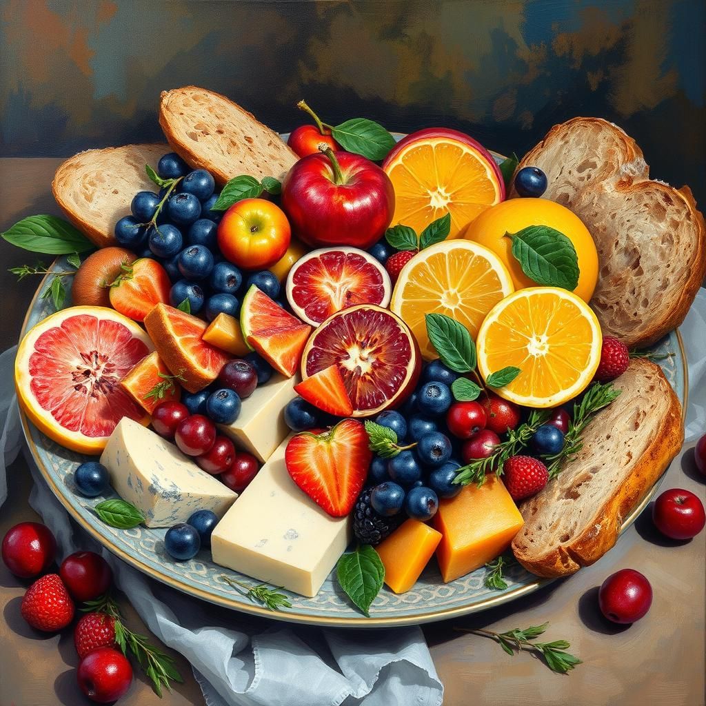 Vibrant Still Life of Fruits and Cheeses